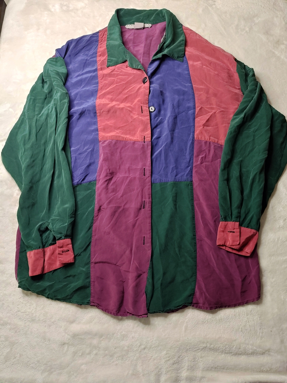 1990 Robert Stock Men M Colorblock Silk Long Sleeve Button Up Vintage #88